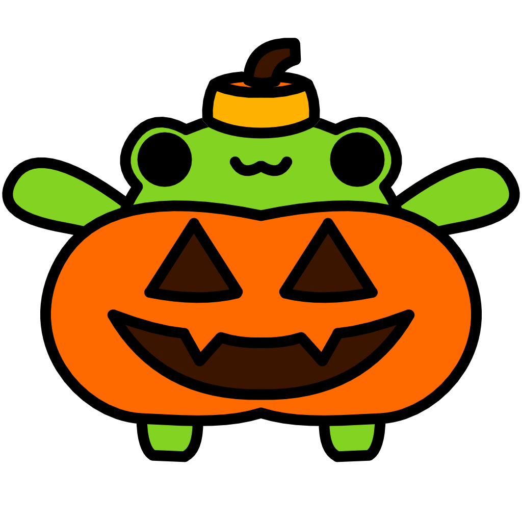 A round cartoon frog in a jack'o'lantern